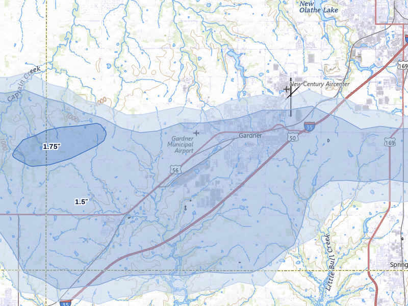 NEXRAD radar-signature map of the hail storm over Gardner, KS on Jun 8, 2026