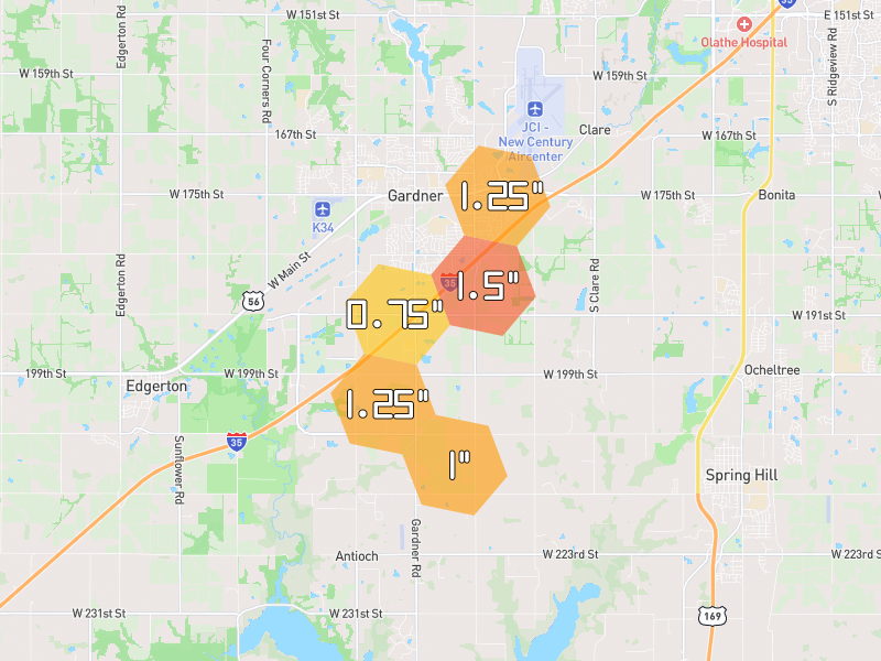 Hail map of Gardner, KS on Jun 9, 2026, hail up to 1.5"