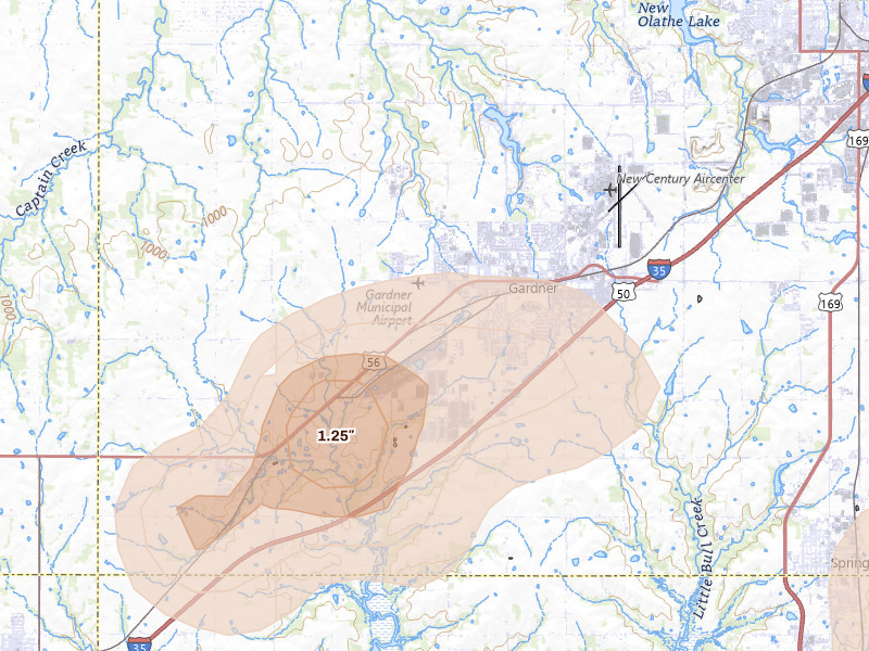 Radar-estimated hail-size map of the storm over Gardner, KS on Aug 5, 2026