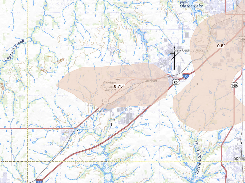 Radar-estimated hail-size map of the storm over Gardner, KS on Aug 9, 2026