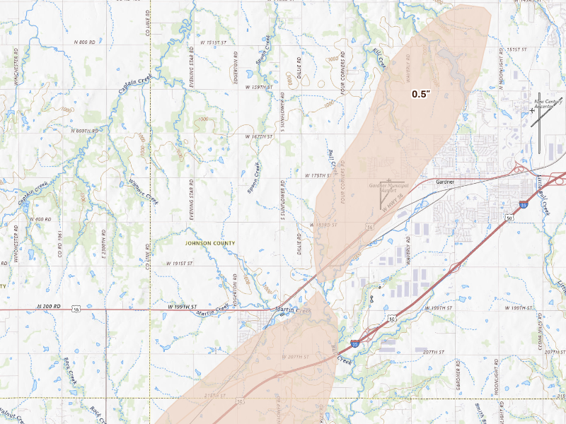 Radar-estimated hail-size map of the storm over Gardner, KS