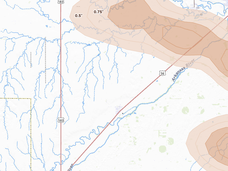 Radar-estimated hail-size map of the storm over Garfield, KS on Apr 25, 2026