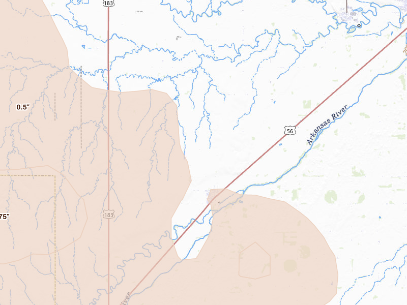 Radar-estimated hail-size map of the storm over Garfield, KS on Jun 20, 2026