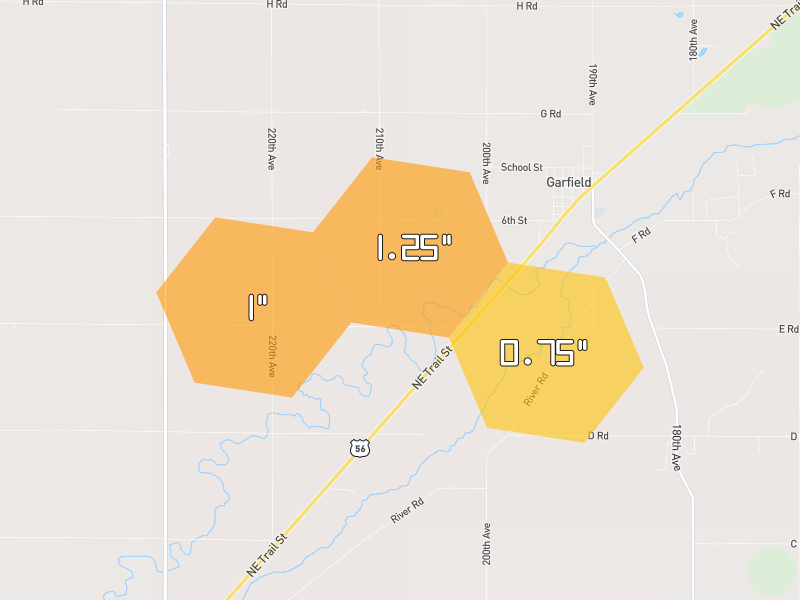 Hail map of Garfield, KS on Jun 26, 2026, hail up to 1.25"