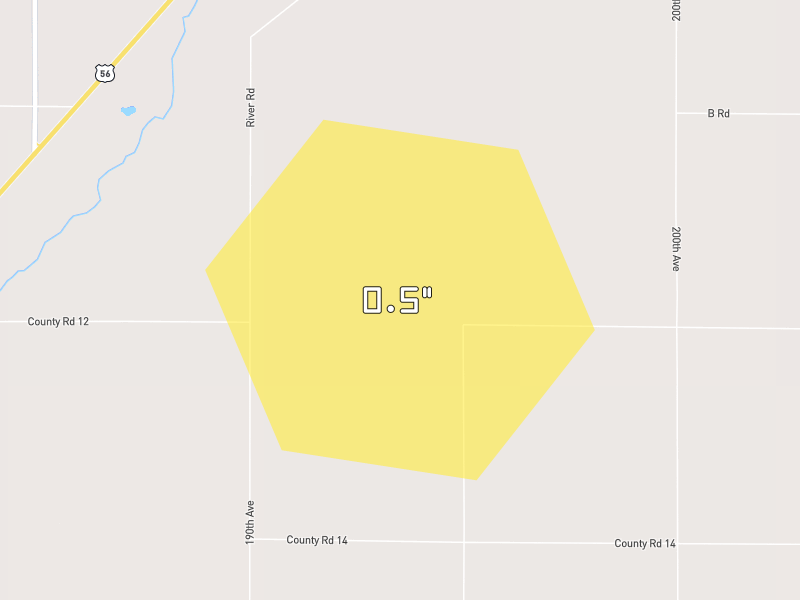 Hail map of Garfield, KS on Jun 27, 2026, hail up to 0.5"