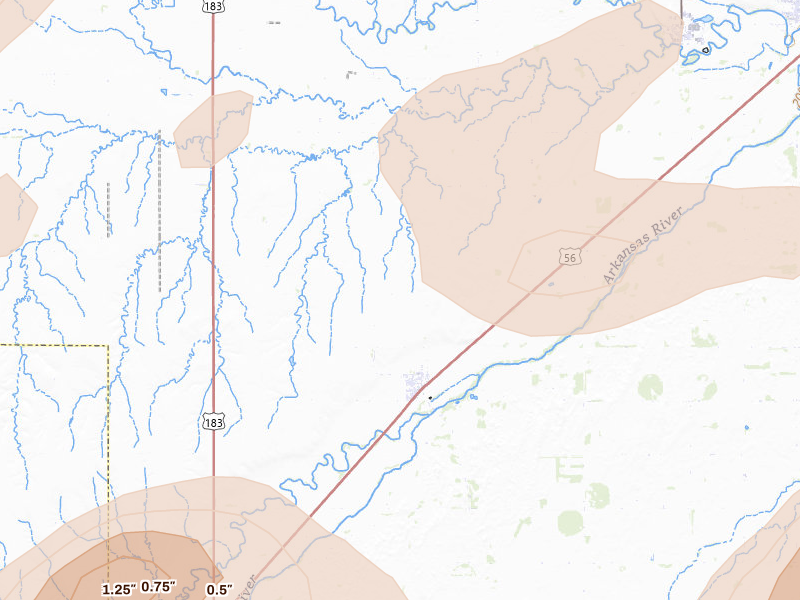 Radar-estimated hail-size map of the storm over Garfield, KS on Jul 9, 2026