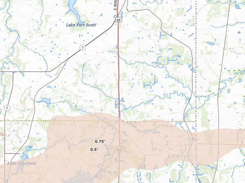 Radar-estimated hail-size map of the storm over Garland, KS on Jul 10, 2026