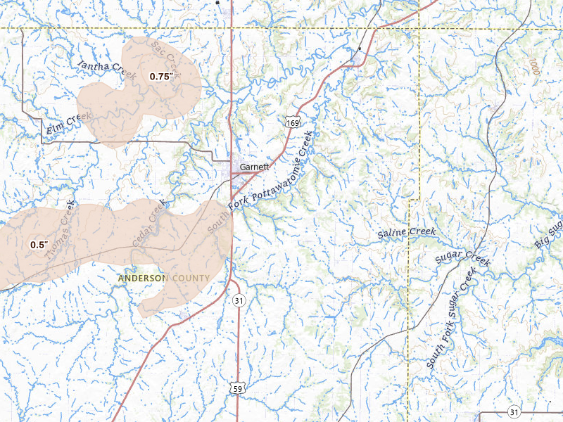 Radar-estimated hail-size map of the storm over Garnett, KS on Apr 23, 2026