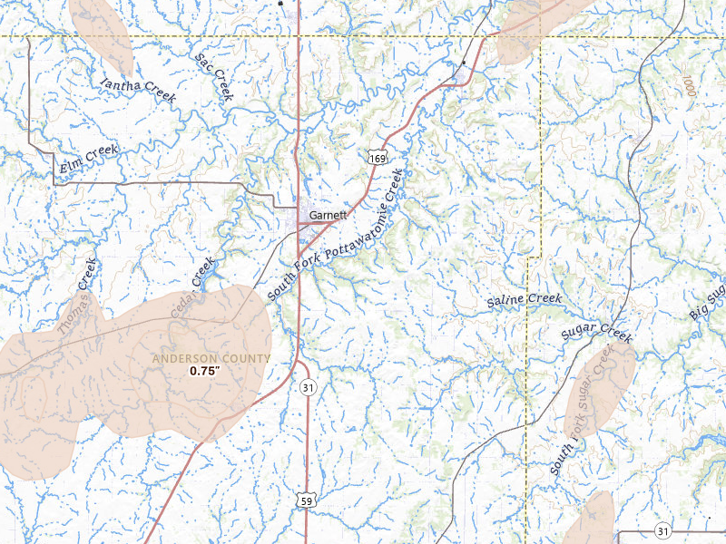 Radar-estimated hail-size map of the storm over Garnett, KS on May 30, 2026
