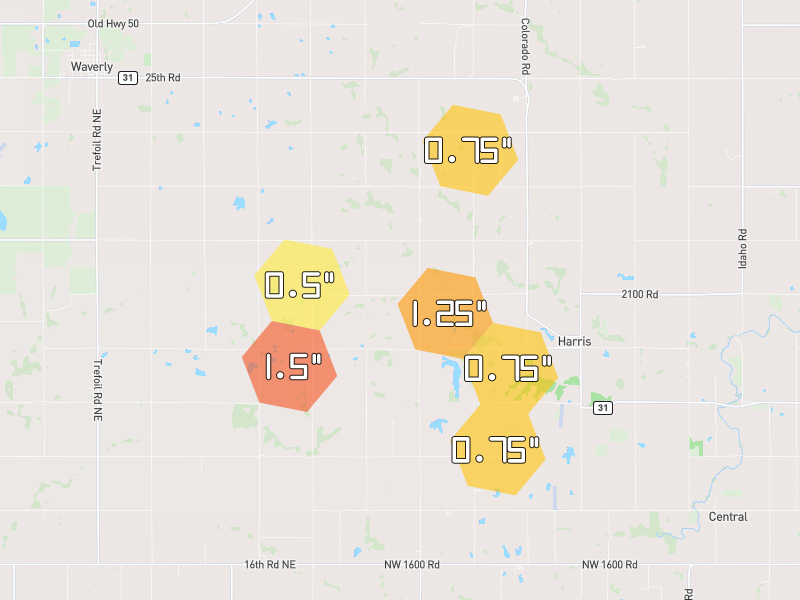 Hail map of Garnett, KS on Jul 5, 2026, hail up to 1.5"