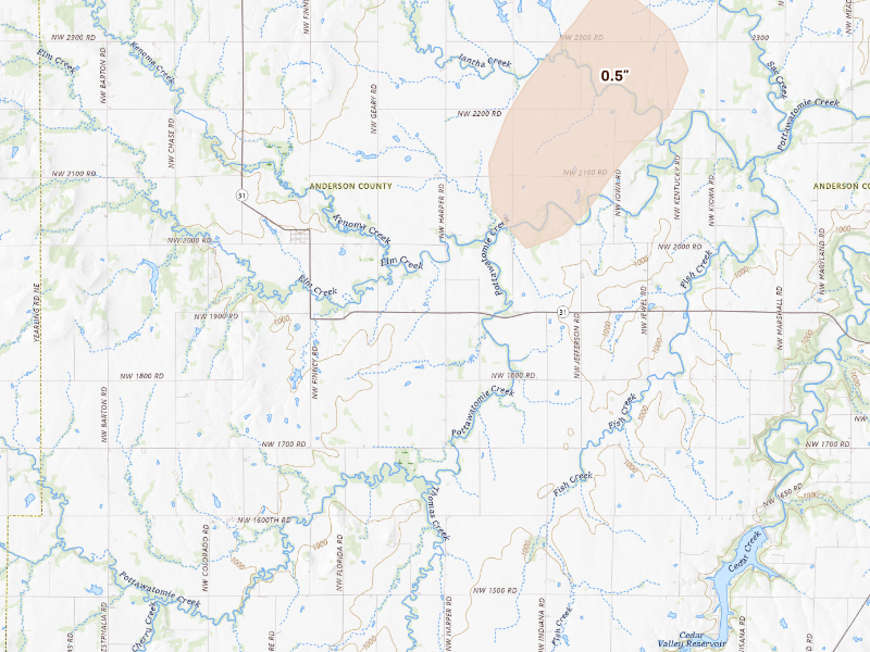 Radar-estimated hail-size map of the storm over Garnett, KS