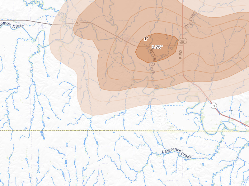 Radar-estimated hail-size map of the storm over Gaylord, KS on Apr 25, 2026