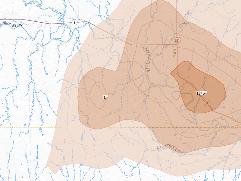 Radar-estimated hail-size map of the storm over Gaylord, KS on Jun 8, 2026