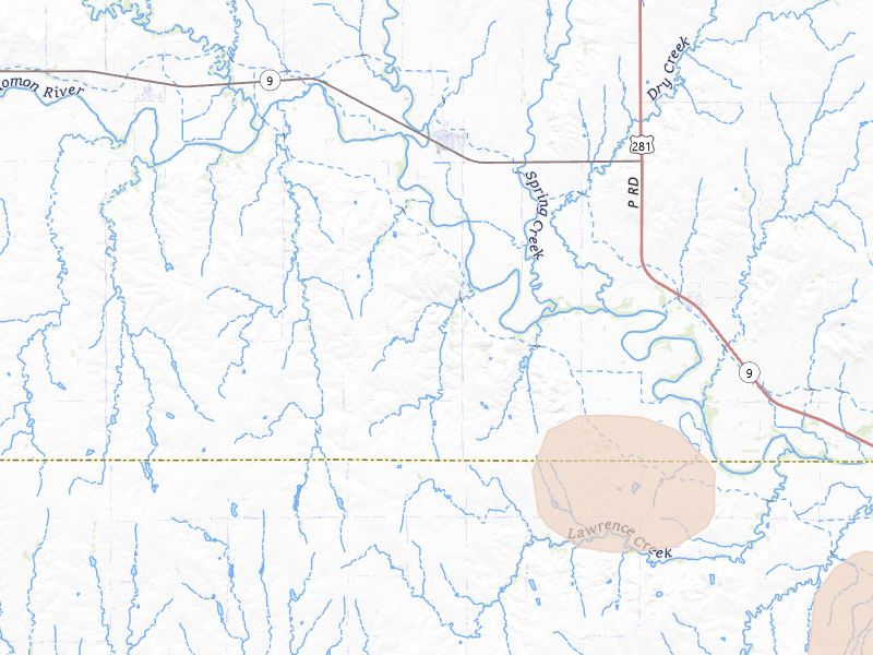 Radar-estimated hail-size map of the storm over Gaylord, KS on Jun 24, 2026