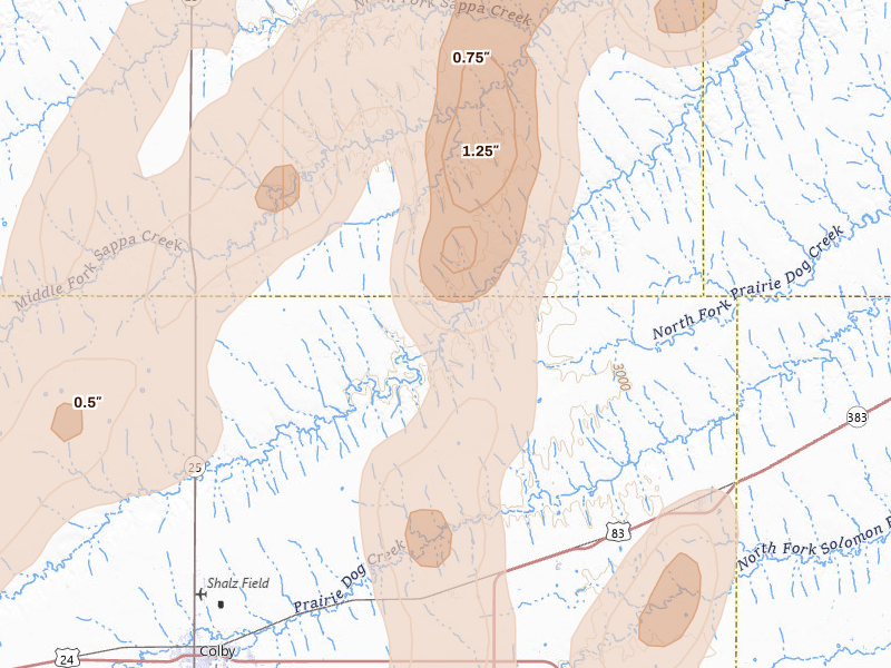 Radar-estimated hail-size map of the storm over Gem, KS on May 29, 2026