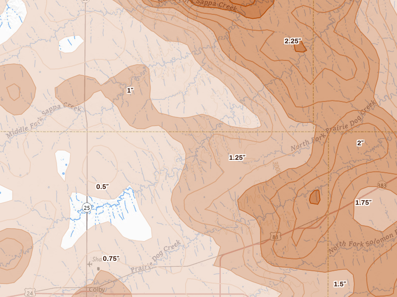 Radar-estimated hail-size map of the storm over Gem, KS on Jun 20, 2026