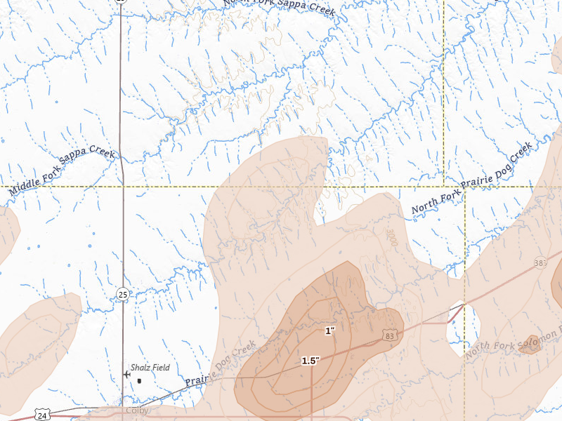 Radar-estimated hail-size map of the storm over Gem, KS on Jul 1, 2026