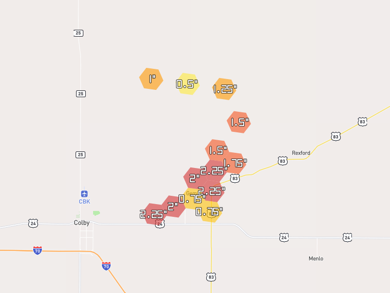 Hail map of Gem, KS on Jul 2, 2026, hail up to 2.25"