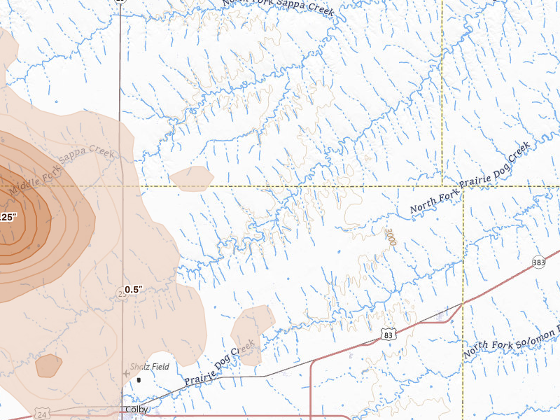 Radar-estimated hail-size map of the storm over Gem, KS on Jul 9, 2026