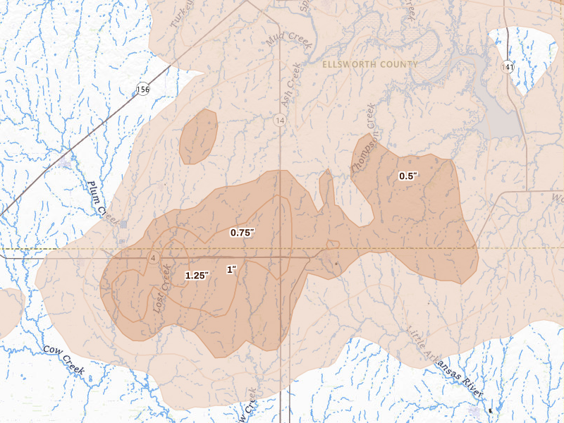 Radar-estimated hail-size map of the storm over Geneseo, KS on Apr 26, 2026