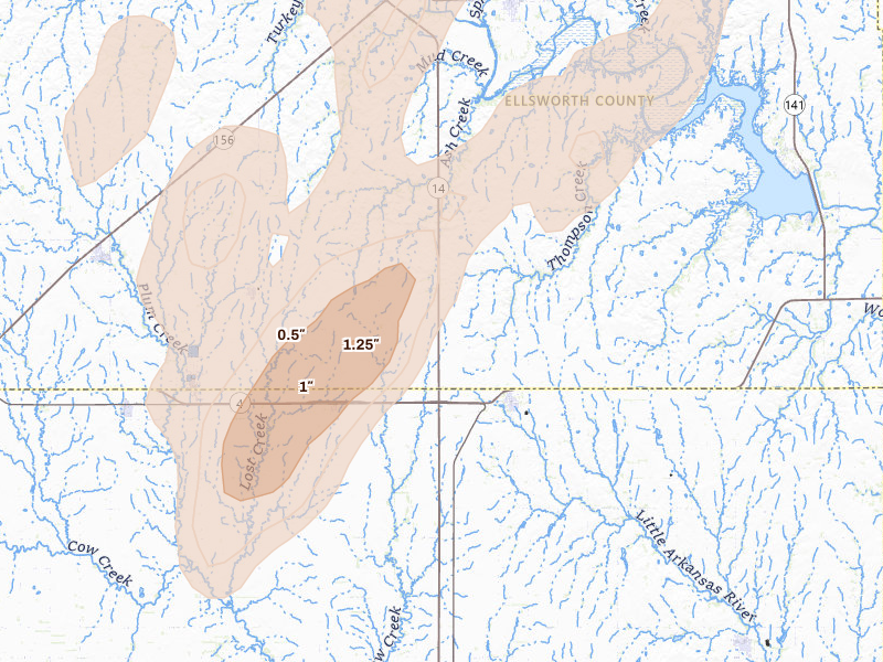Radar-estimated hail-size map of the storm over Geneseo, KS on May 30, 2026