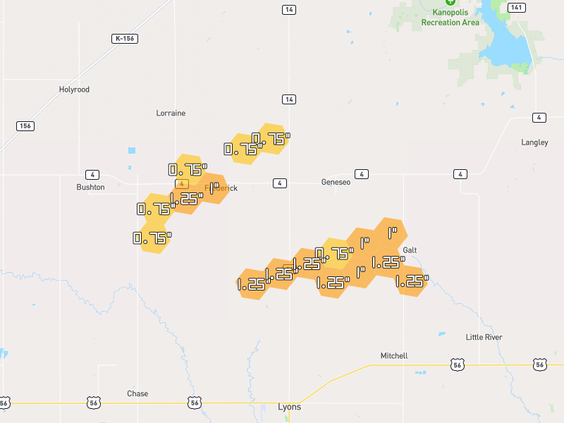 Hail map of Geneseo, KS on Jun 9, 2026, hail up to 1.25"