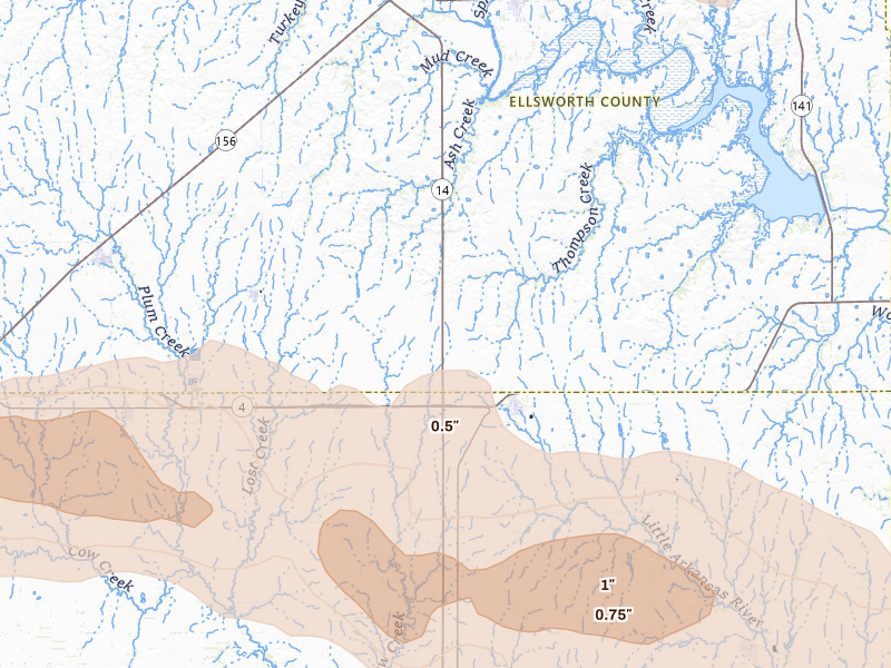 Radar-estimated hail-size map of the storm over Geneseo, KS on Jun 10, 2026