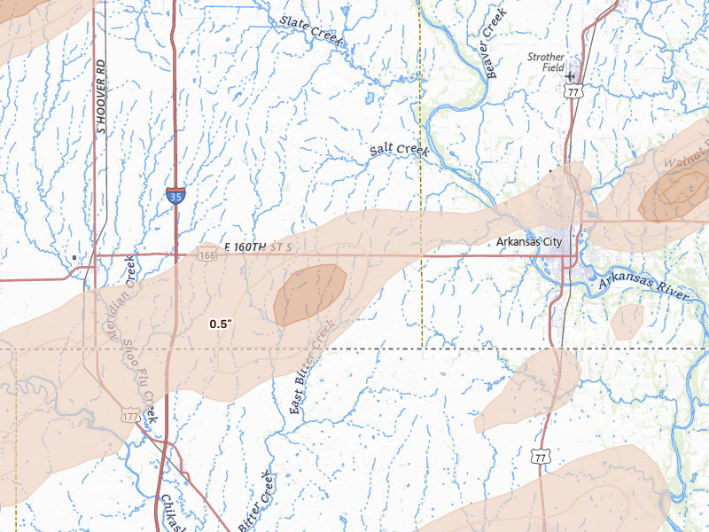 Radar-estimated hail-size map of the storm over Geuda Springs, KS on Apr 17, 2026