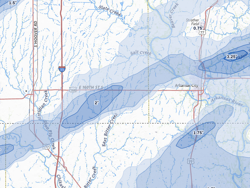 NEXRAD radar-signature map of the hail over Geuda Springs, KS