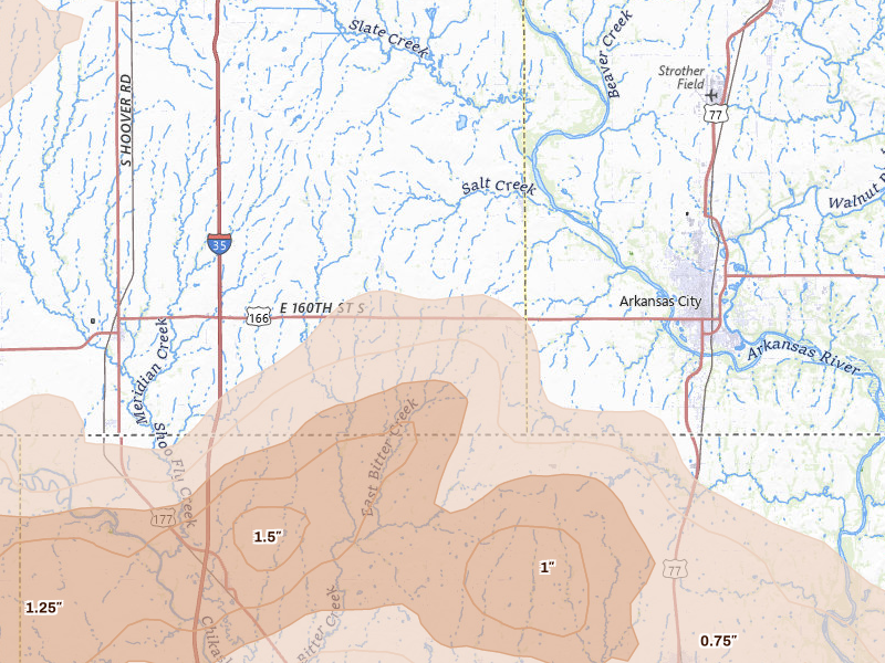 Radar-estimated hail-size map of the storm over Geuda Springs, KS on Apr 23, 2026