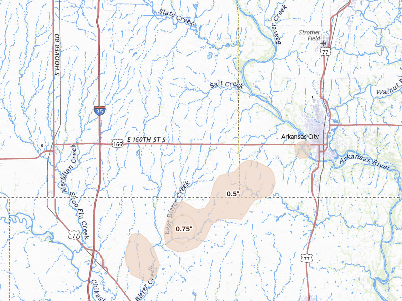 Radar-estimated hail-size map of the storm over Geuda Springs, KS on Apr 26, 2026