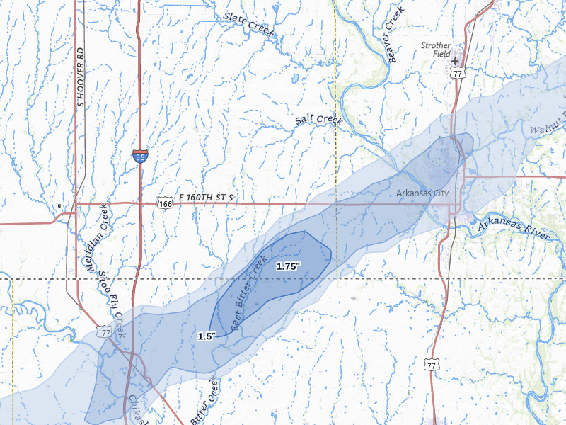 NEXRAD radar-signature map of the hail over Geuda Springs, KS