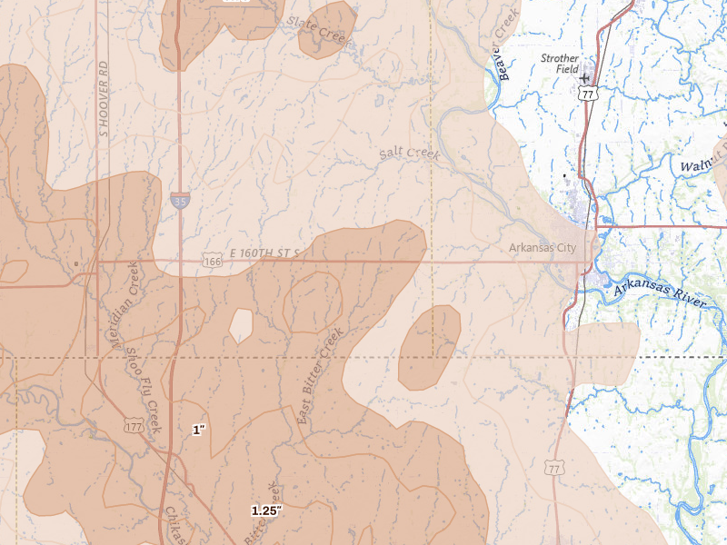 Radar-estimated hail-size map of the storm over Geuda Springs, KS on May 18, 2026