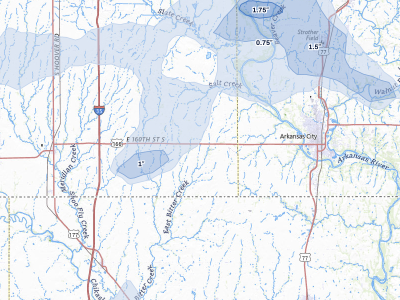 NEXRAD radar-signature map of the hail storm over Geuda Springs, KS on May 30, 2026