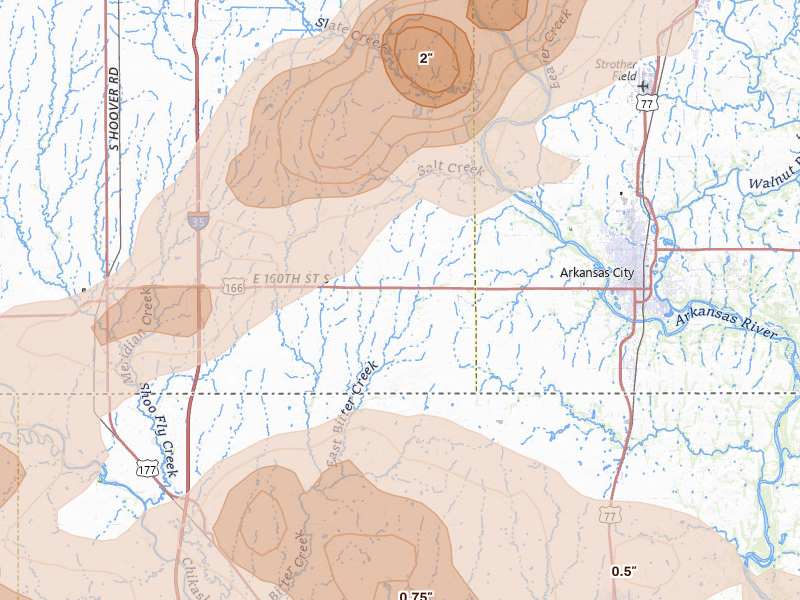 Radar-estimated hail-size map of the storm over Geuda Springs, KS