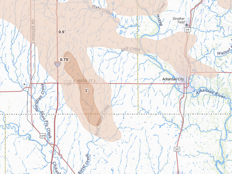 Radar-estimated hail-size map of the storm over Geuda Springs, KS on Jun 18, 2026