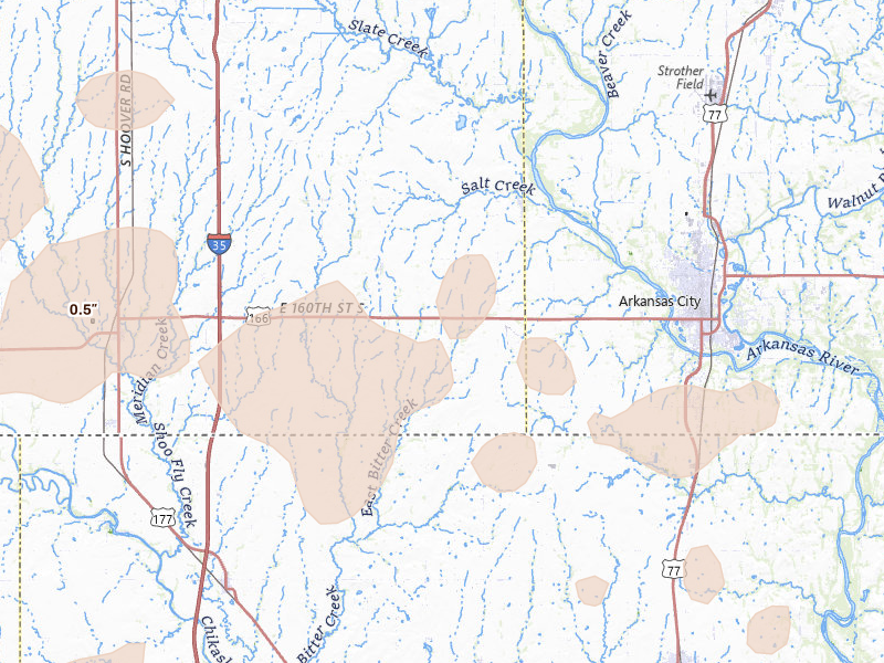 Radar-estimated hail-size map of the storm over Geuda Springs, KS on Jun 25, 2026