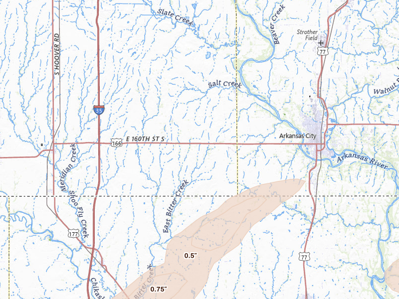 Radar-estimated hail-size map of the storm over Geuda Springs, KS on Jun 26, 2026