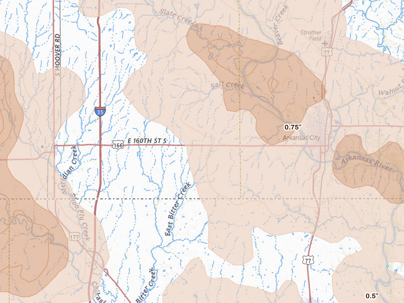 Radar-estimated hail-size map of the storm over Geuda Springs, KS on Jul 4, 2026