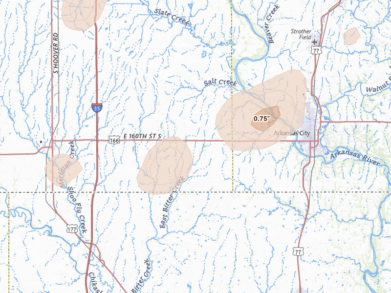 Radar-estimated hail-size map of the storm over Geuda Springs, KS on Jul 11, 2026