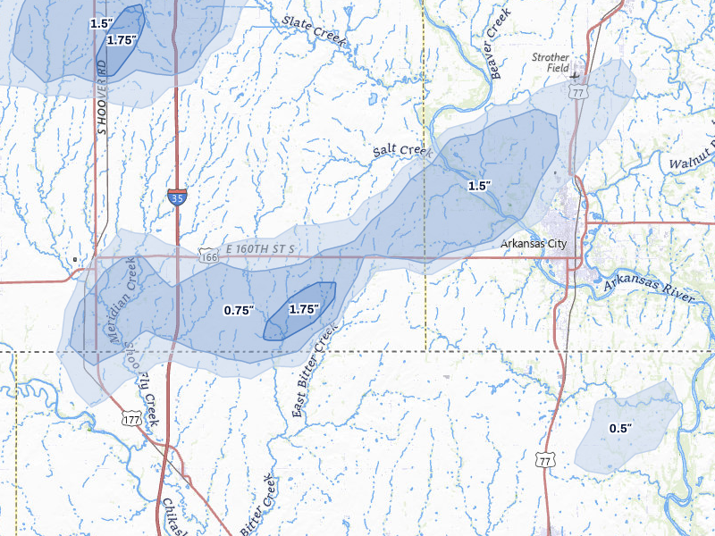 NEXRAD radar-signature map of the hail storm over Geuda Springs, KS on Jul 11, 2026
