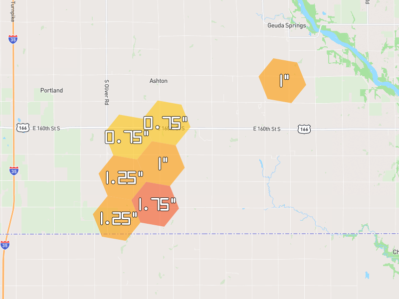 Hail map of Geuda Springs, KS on Jul 12, 2026, hail up to 1.75"