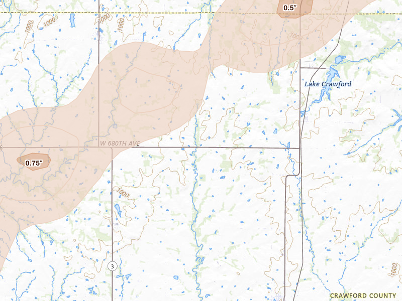 Radar-estimated hail-size map of the storm over Girard, KS on Apr 17, 2026