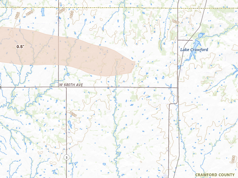 Radar-estimated hail-size map of the storm over Girard, KS on May 8, 2026