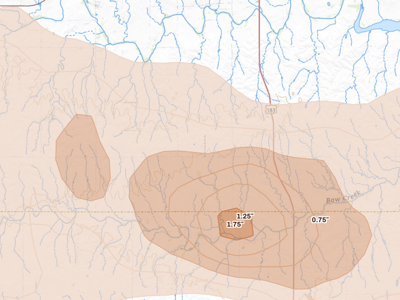 Radar-estimated hail-size map of the storm over Glade, KS on Jun 8, 2026