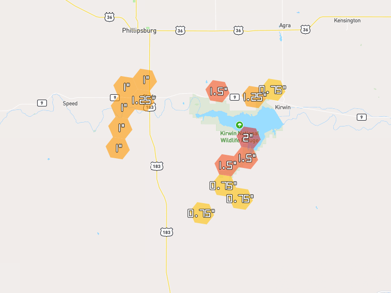 Hail map of Glade, KS on Jul 2, 2026, hail up to 2"