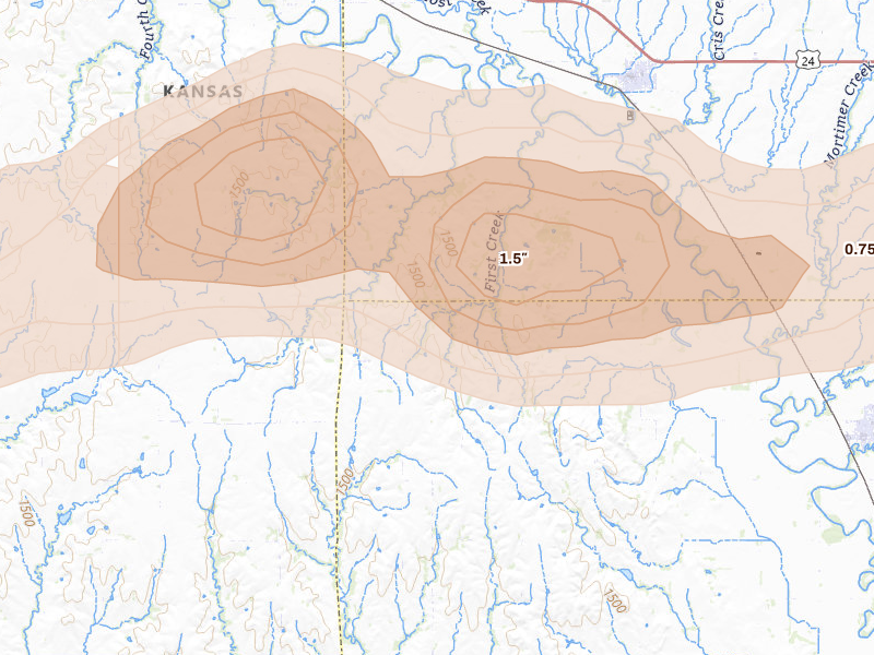 Radar-estimated hail-size map of the storm over Glasco, KS on Apr 25, 2026
