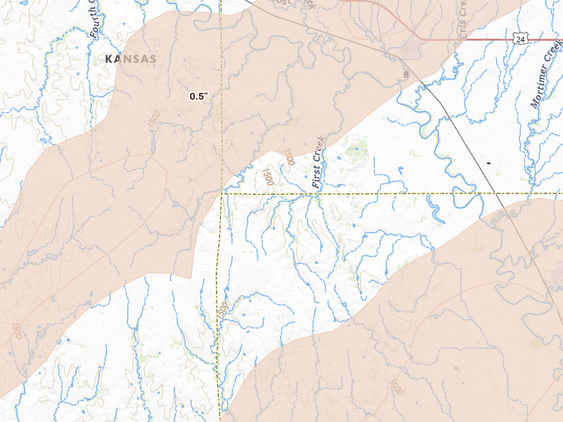 Radar-estimated hail-size map of the storm over Glasco, KS on May 17, 2026