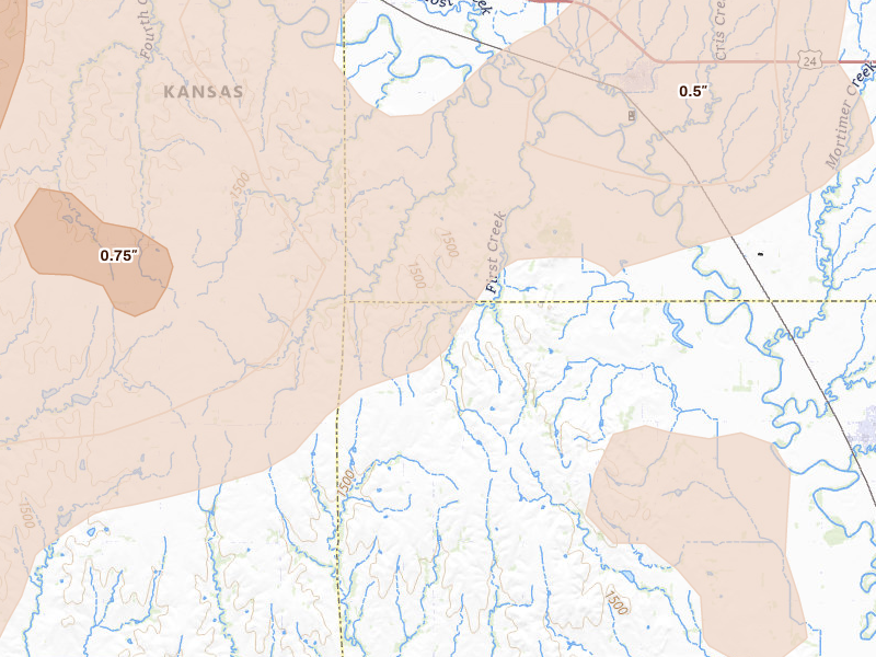 Radar-estimated hail-size map of the storm over Glasco, KS on Jun 8, 2026