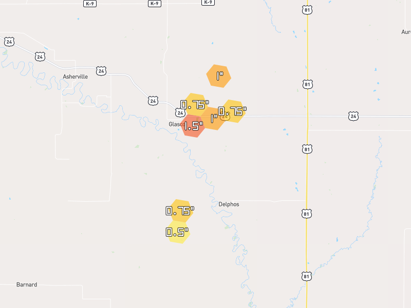 Hail map of Glasco, KS on Jun 9, 2026, hail up to 1.5"